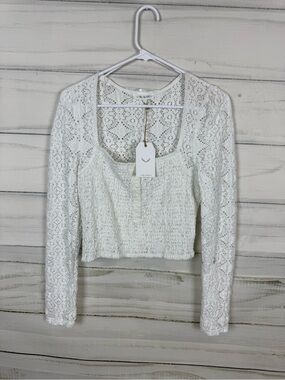 Free the Roses White Lace Cropped Henley Top